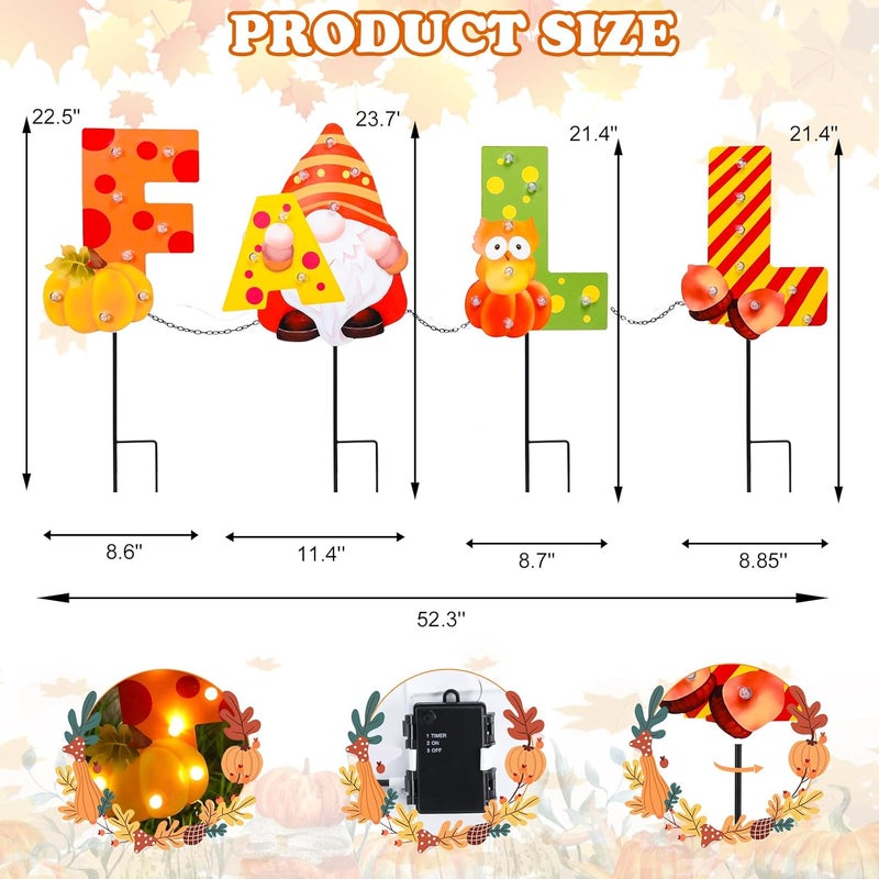 VCUTEKA Fall Yard Decor Outdoor Autumn Harvest Garden Stakes with LED Light Squirrel Gnome Letter Pumpkin Yard Sign with Stakes Fall Thanksgiving Decoration for Home Outside Lawn Garden Holiday Decor - Image 3